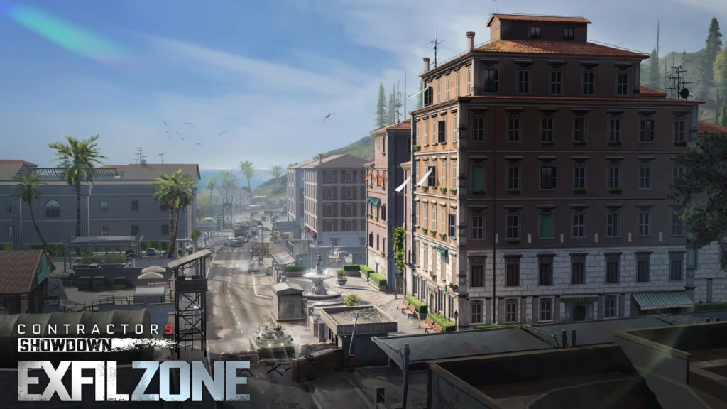 The Resort map in ExfilZone featuring tall buildings and wide streets