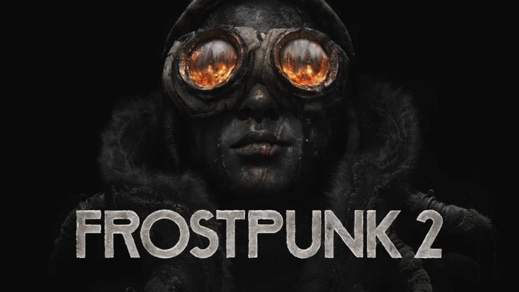The cover of Frostpunk 2 featuring a man wearing a coat and goggles cover in soot lookin up at a fire
