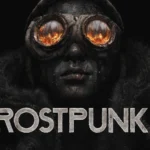 The cover of Frostpunk 2 featuring a man wearing a coat and goggles cover in soot lookin up at a fire