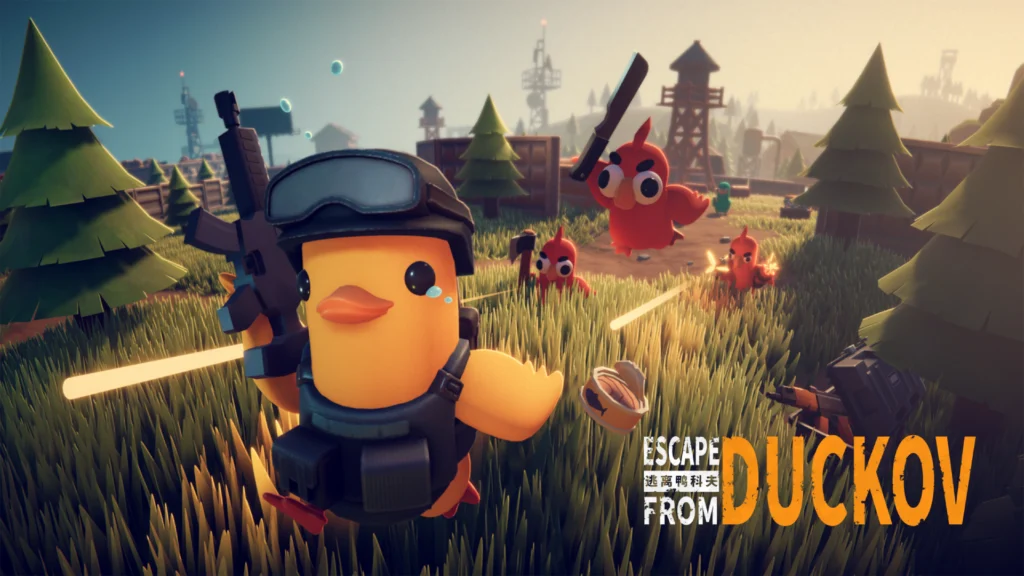 The cover of Escape from Duckov featuring the main duck character running away from enemies