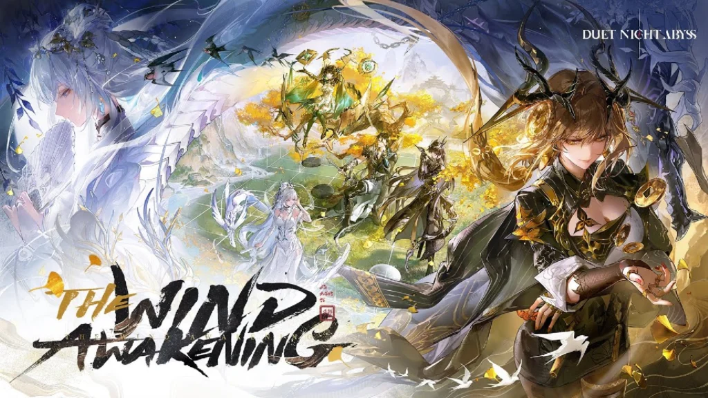 The cover for the Duet Night Abyss Huaxu: The Wind Awakening Update featuring several characters on a beautiful cover art