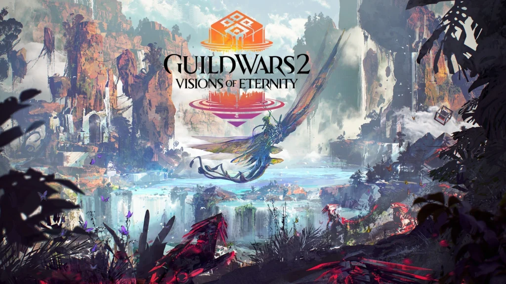 The cover of the Guild Wars 2 Visions of Eternity expansion featuring a flying creature flying through the new location
