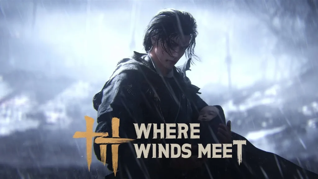 The cover of Where Winds Meet showing a man carrying a baby