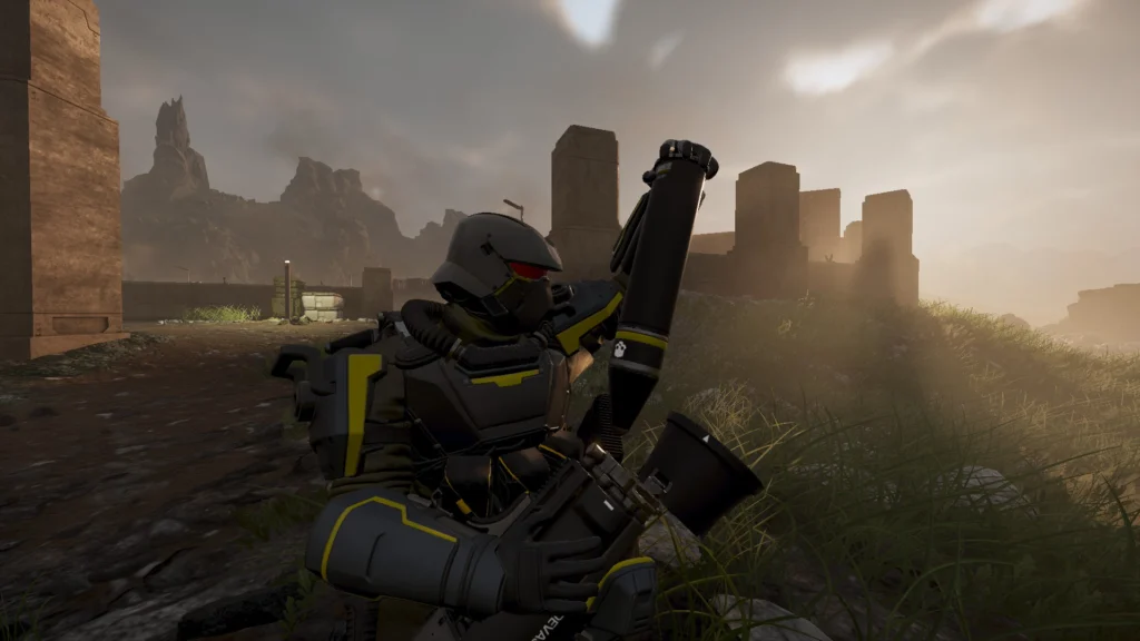 A Helldiver reloading their Helldivers 2 Recoilless Rifle by inserting a new shell into the launcher