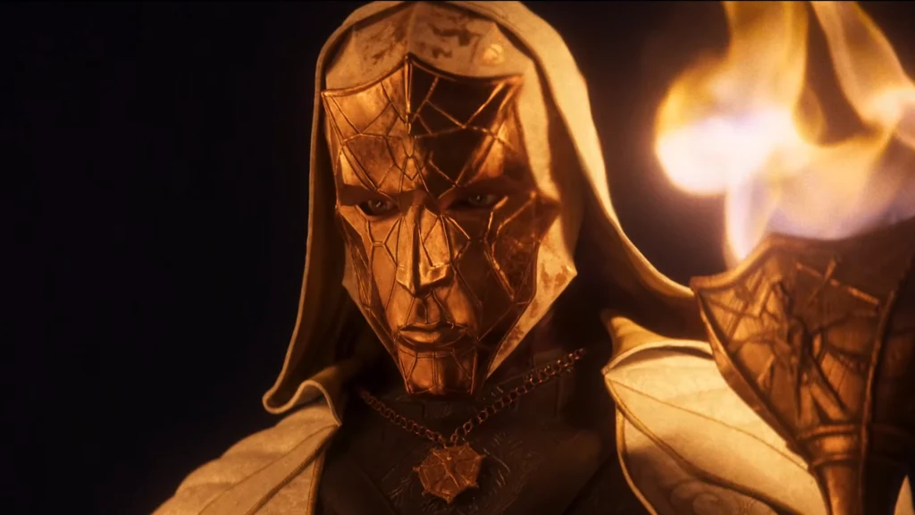 A screenshot from the reveal trailer of Divinity featuring a masked man