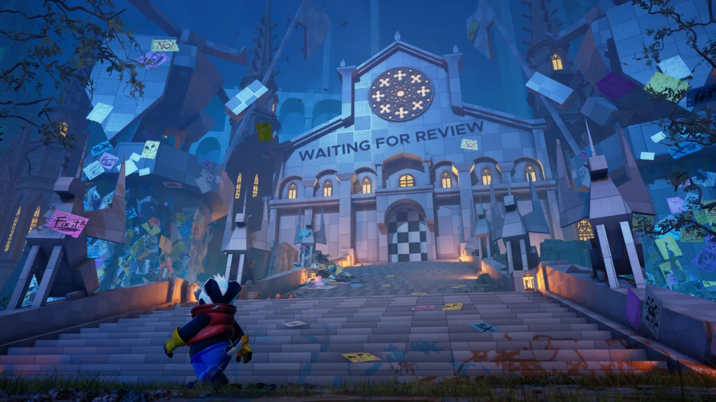 An in-game screenshot of Bradley the Badger featuring the character in city hall like area