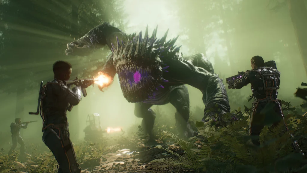 An in-game screenshot of 4Loop featuring the playable characters fighting a giant alien