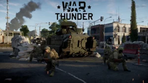 The cover for the War Thunder infantry mode featuring a soldier firing a modified AK-12