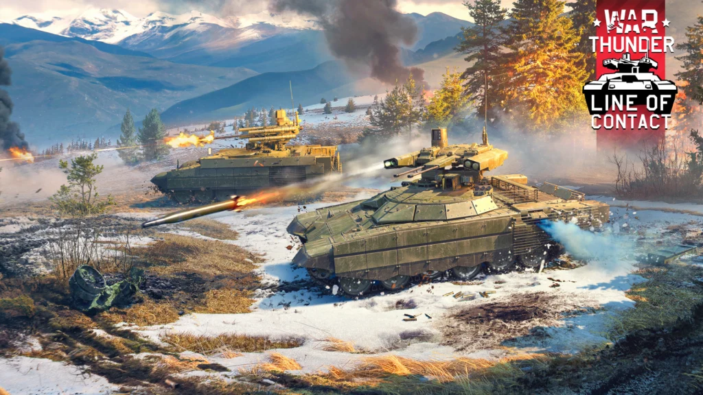 The cover of the War Thunder Line of Contact update featuring two BMPTs engaging targets