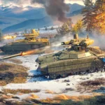 The cover of the War Thunder Line of Contact update featuring two BMPTs engaging targets