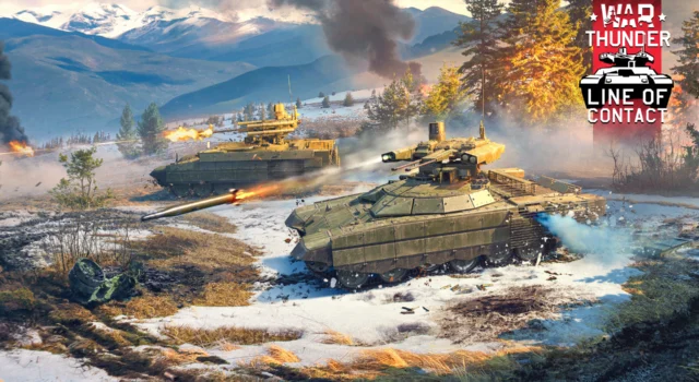 The cover of the War Thunder Line of Contact update featuring two BMPTs engaging targets