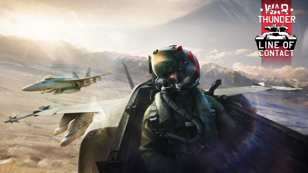 The cover of the War Thunder Line of Contact update featuring two flying F/A-18 Hornets 