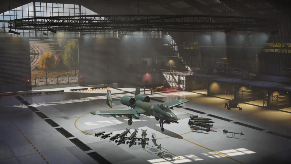 The new hangar design in the War Thunder Line of Contact update featuring an A-10 Warthog with all of its munitions