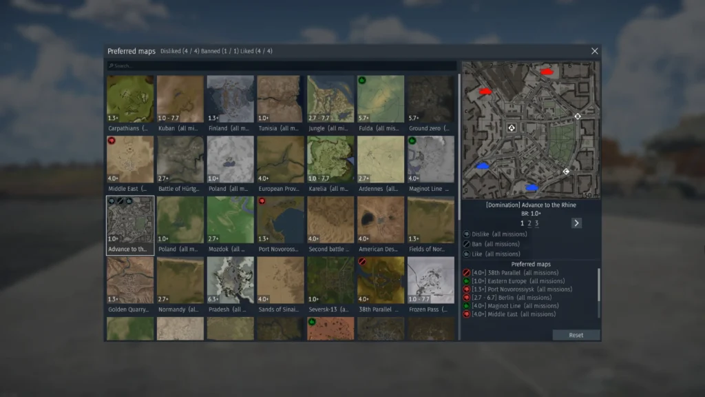 The map menu in War Thunder