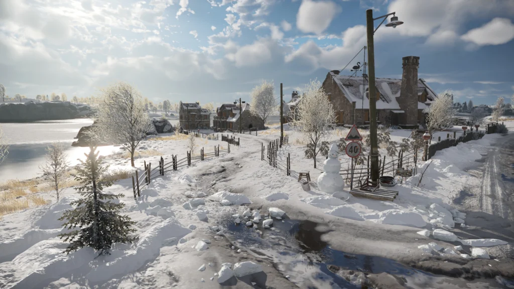 The new reworked winter Poland map in the War Thunder Line of Contact update with brand new buildings and snow, among other things