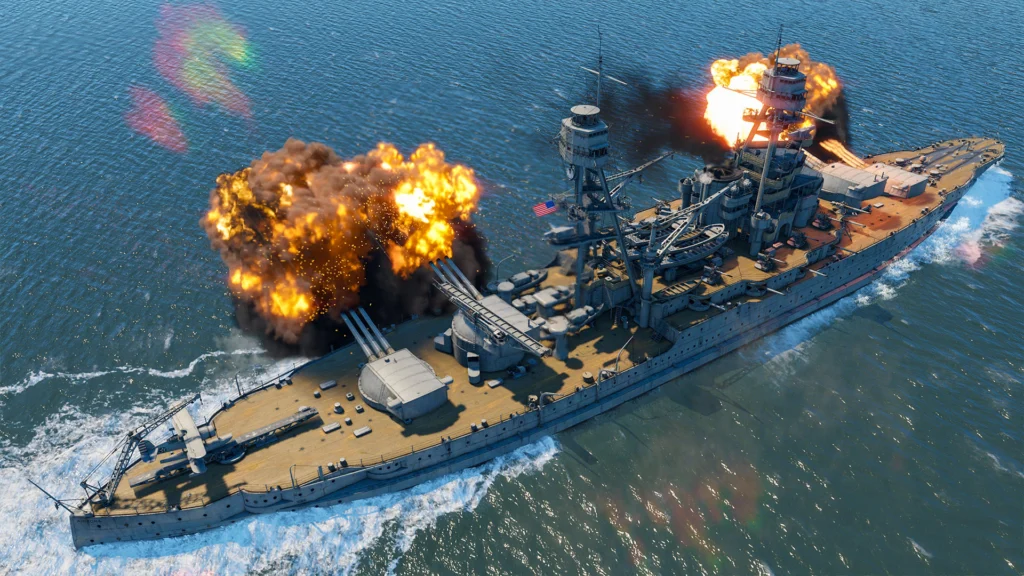 A battleship firing a salvo of shells with all of its cannons