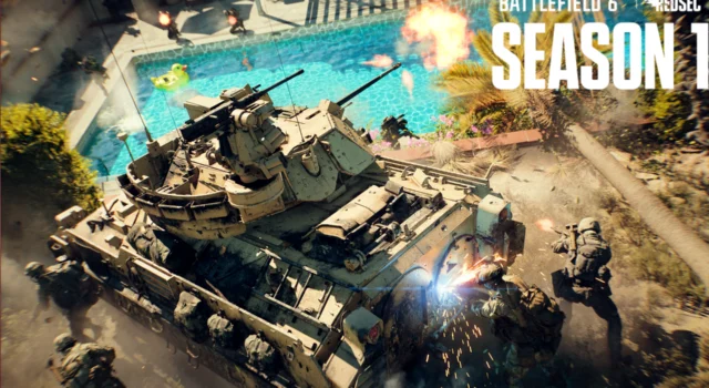 A Bradley sitting next to a pool and firing on enemy positions while friendly infantry support it from behind