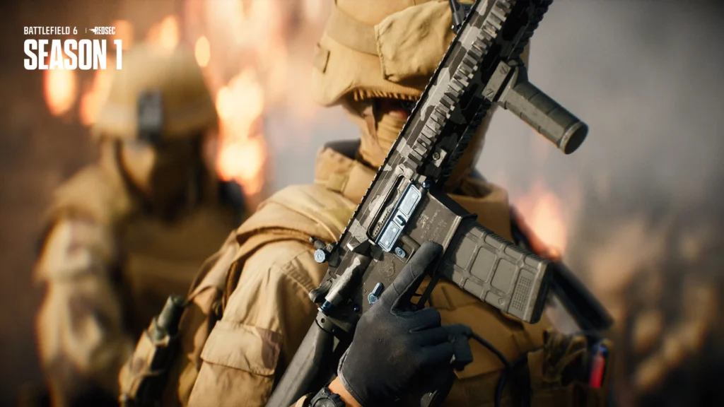 A soldier holding a weapon with a skin from the bonus path in the Battlefield 6 season extension