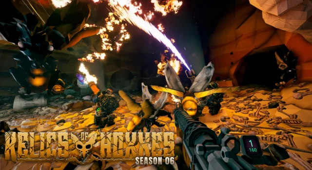 A squad of dwarves fighting off the new Deep Rock Galactic Ossiran enemies with the title of the upcoming season in the bottom right of the image