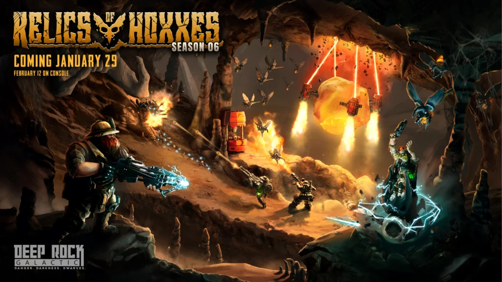 The key art for Deep Rock Galactic Season 6 featuring the dwarves wearing the new dlc cosmetics while attacking the new enemy types in the new biome while doing the new mission