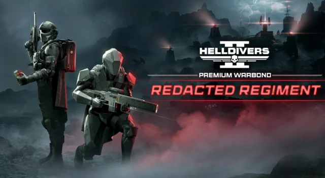 The cover of the Helldivers 2 Redacted Regiment Warbond featuring two Helldivers using the equipment in the Warbond