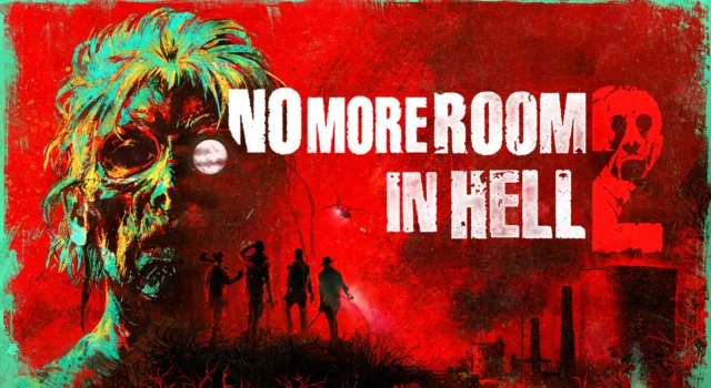 The cover of No More Room in Hell 2 featuring a zombie with one of its eyes being the moon in the background with four human survivors in the foreground