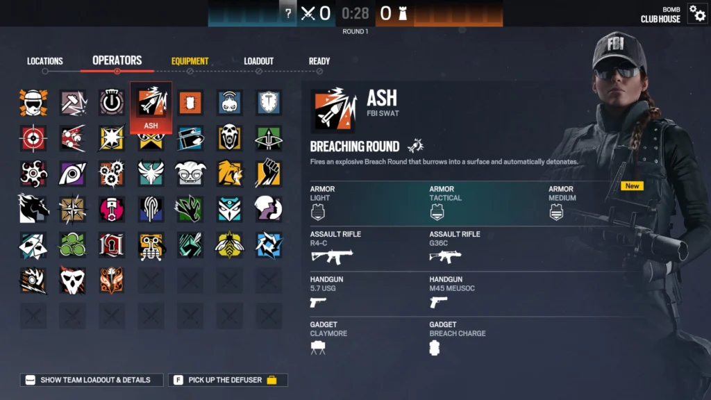 The character customization menu for Ash in the Siege X armor system playtest