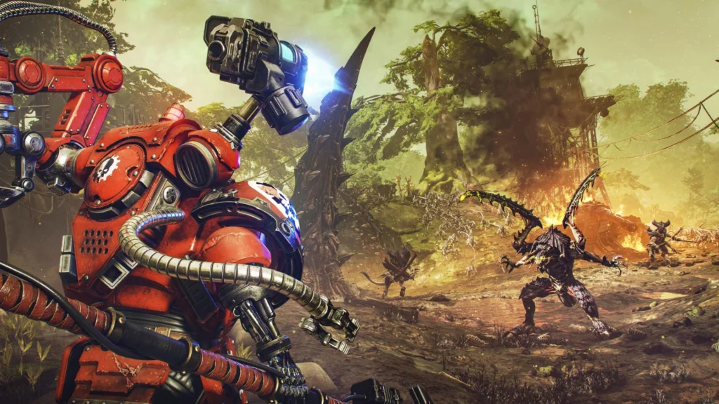 The Space Marine 2 Techmarine firing his shoulder gun while charging into a horde of Tyranids