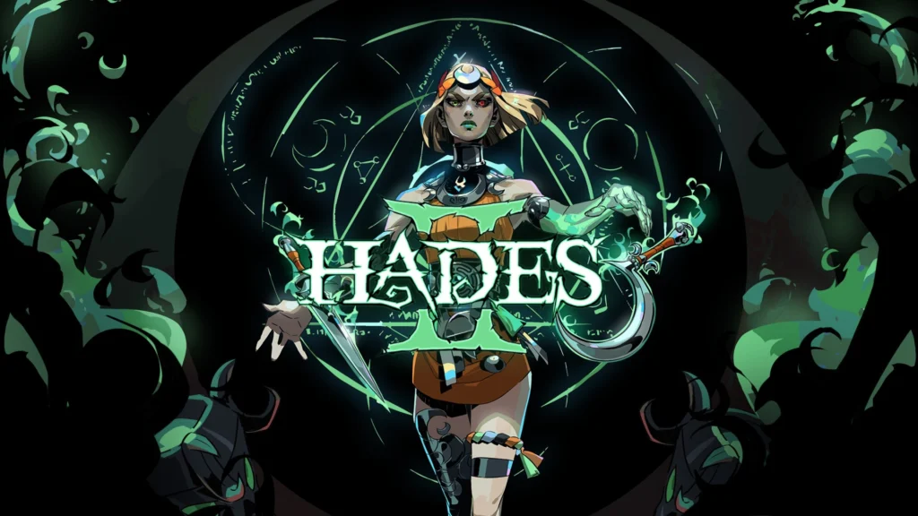 The cover of Hades II featuring the main character right behind the title in the center
