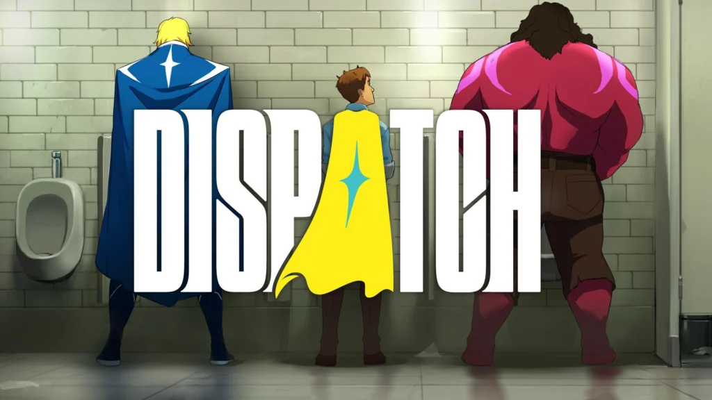 The cover of Dispatch showing three character in a standing bathroom stall