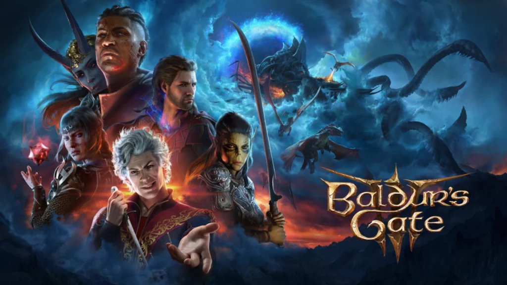The cover of Baldur's Gate 3 featuring various characters from the game