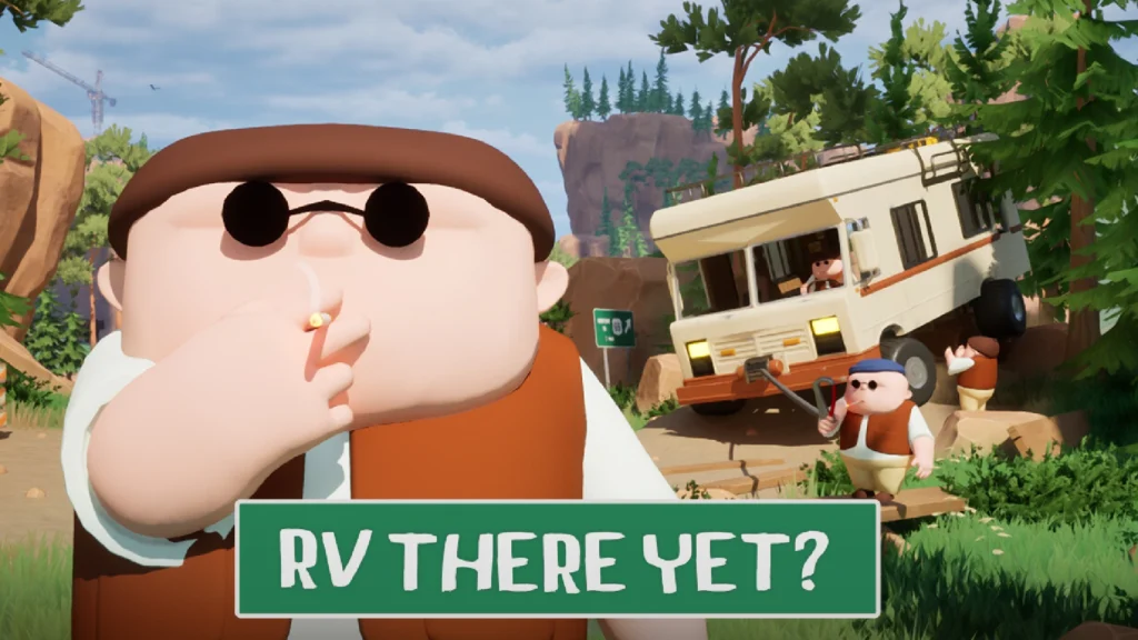 The cover of RV There Yet? featuring one character smoking right in front of the camera while three other characters struggle to unstuck an RV