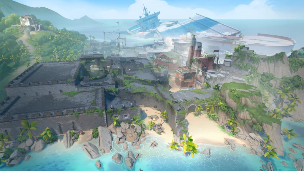 A wide mid-air shot of the Breeze map in Valorant