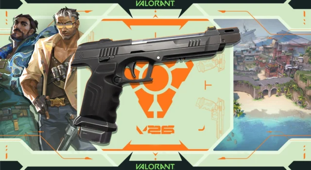 The cover of the Valorant 12.0 patch notes featuring two agents to the left of the new Bandit pistol and the new Breeze map on the right