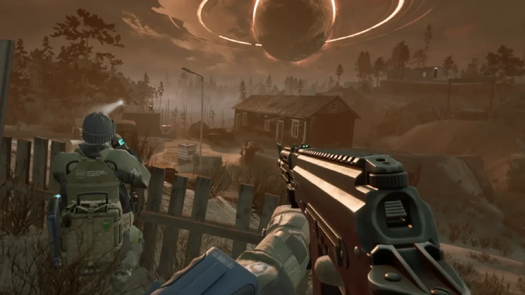 The Anticipated Into The Radius 2 1.0 Release, Here Are The Exciting Things To Expect 2 A POV of one of two armed explorers exploring the bleak landscape of Pechorsk in Into the Radius 2