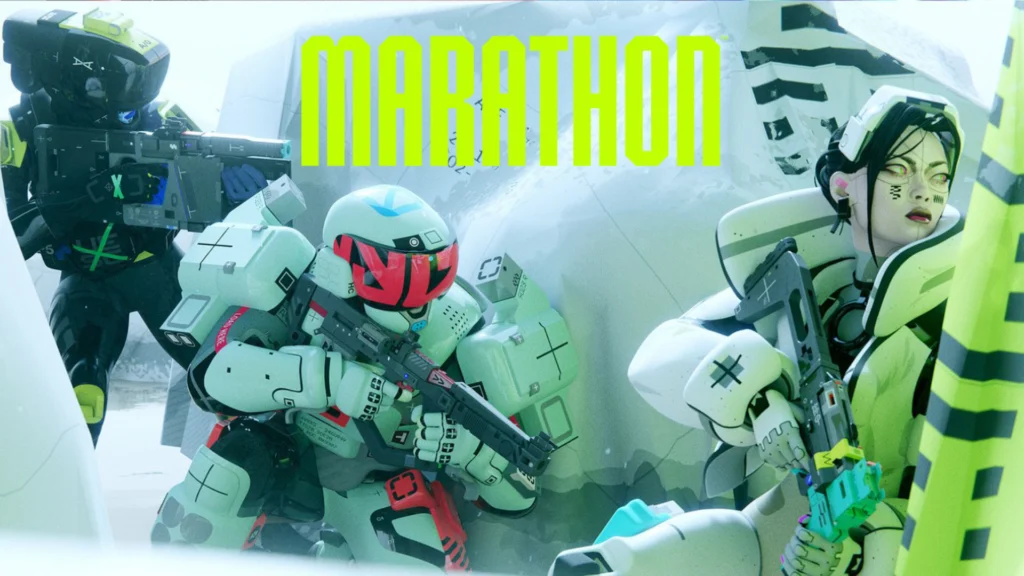 The cover of Marathon, an upcoming game with the Marathon anti-cheat system, featuring three characters taking cover