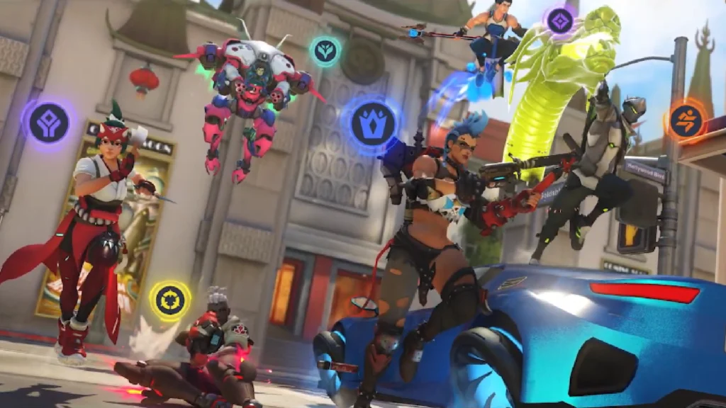 An image showcasing all of the Overwatch class subrole passives icons hovering above the various characters on screen