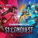 The cover of Overwatch Season 1 Conquest, the season that introduces the Overwatch class subrole passives, featuring villains and heroes on both sides of the screen clashing in the middle