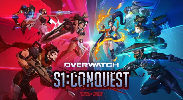 The cover of Overwatch Season 1 Conquest, the season that introduces the Overwatch class subrole passives, featuring villains and heroes on both sides of the screen clashing in the middle