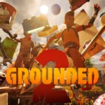 The cover of the Grounded 2 Playground mode featuring a character running away from an explosion that sent various tools and objects flying away