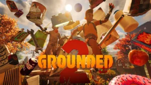 The cover of the Grounded 2 Playground mode featuring a character running away from an explosion that sent various tools and objects flying away