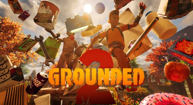 The cover of the Grounded 2 Playground mode featuring a character running away from an explosion that sent various tools and objects flying away