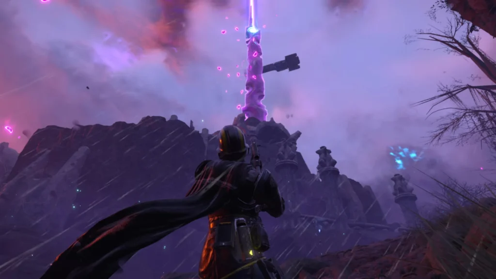 A Helldiver looking up at a glowing pillar which you can find in the Helldivers 2 6.1.0 patch