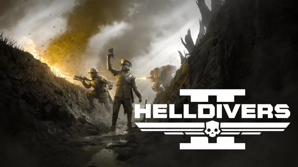 The cover of the Helldivers 2 Entrenched Division Warbond showing two Helldivers wearing and using gear from the Warbond and a Helldiver in a mech in the background