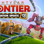 The cover for the Lightyear Frontier Automation update showing an Exofarmer flying above their mech with a jetpack to watch their new automated constructs