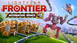 The cover for the Lightyear Frontier Automation update showing an Exofarmer flying above their mech with a jetpack to watch their new automated constructs