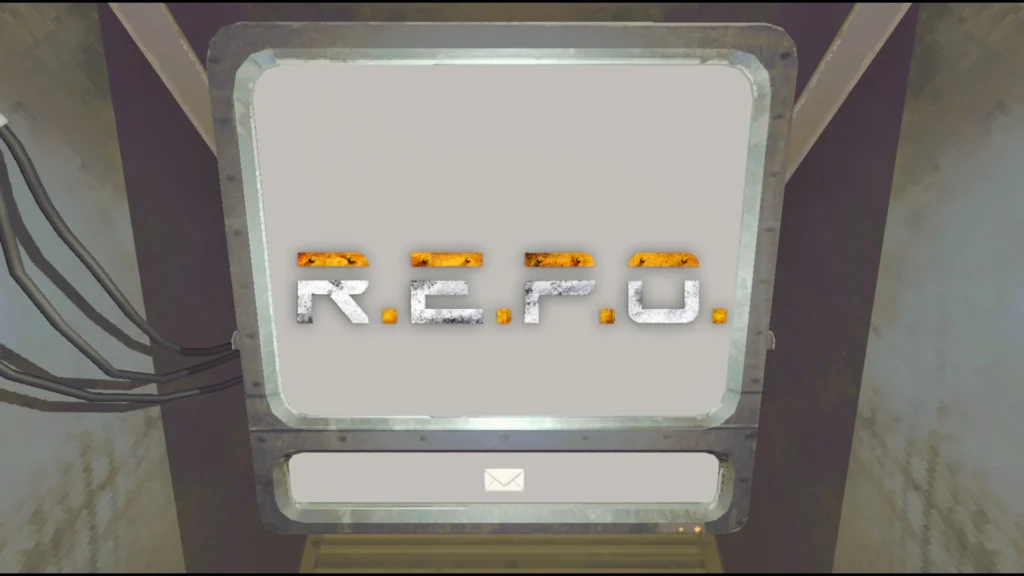The tv screen in the REPO van with the title of the game on it