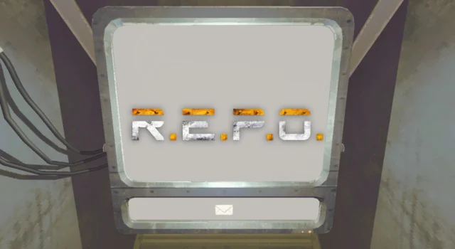 The tv screen in the REPO van with the title of the game on it