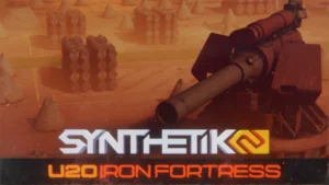The cover for the Synthetik 2 Iron Fortress update showing a section of the new Iron Fortress map behind the title of the game and its update