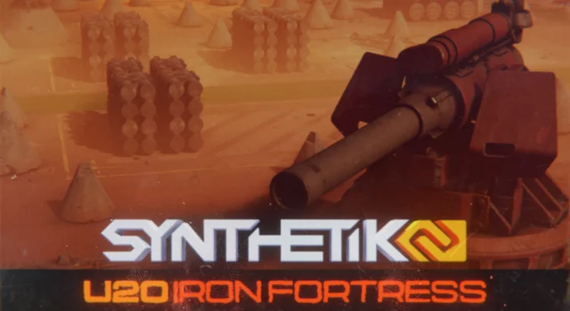 The cover for the Synthetik 2 Iron Fortress update showing a section of the new Iron Fortress map behind the title of the game and its update